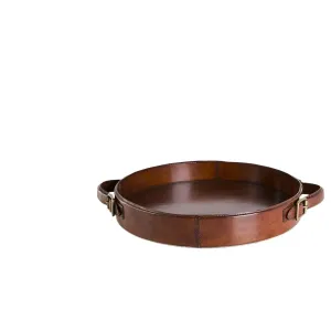 Round Tan Leather Tray with Brass Buckle Accent Handles