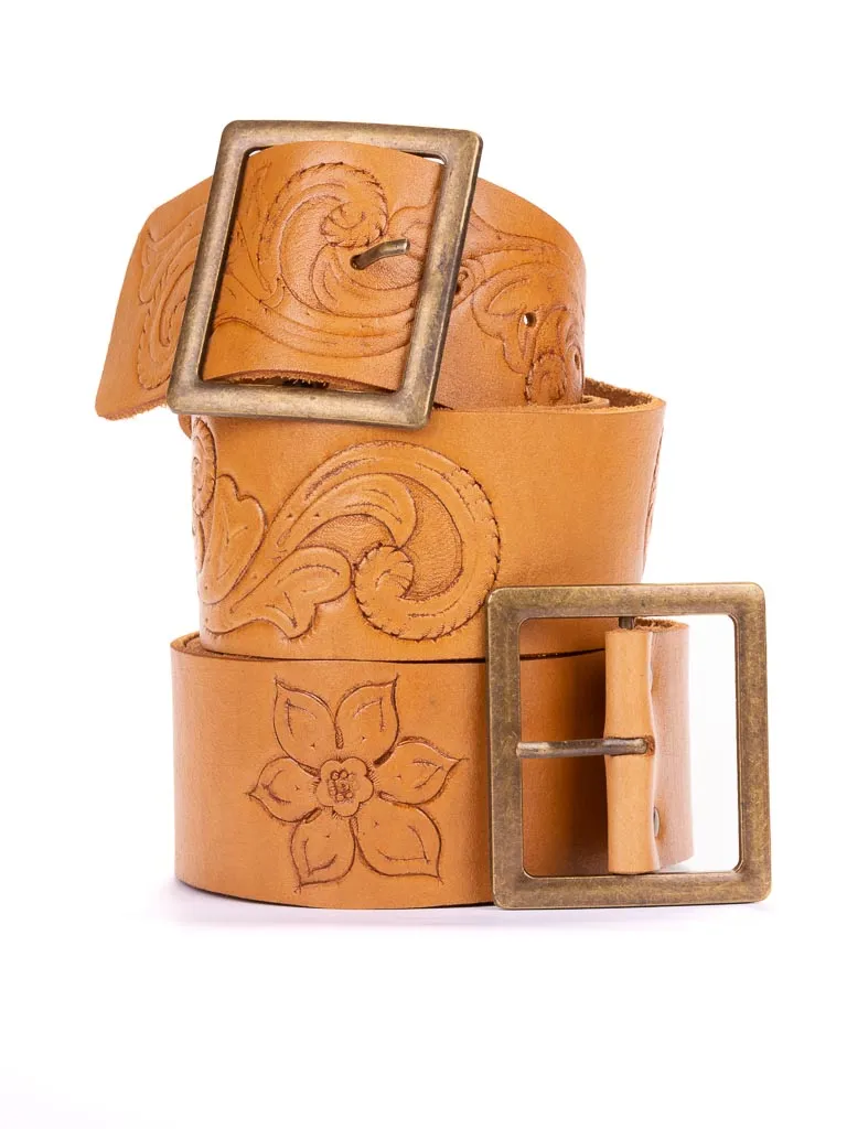 Scroll Hand Tooled Belt Wide Bronze t-bar Buckle