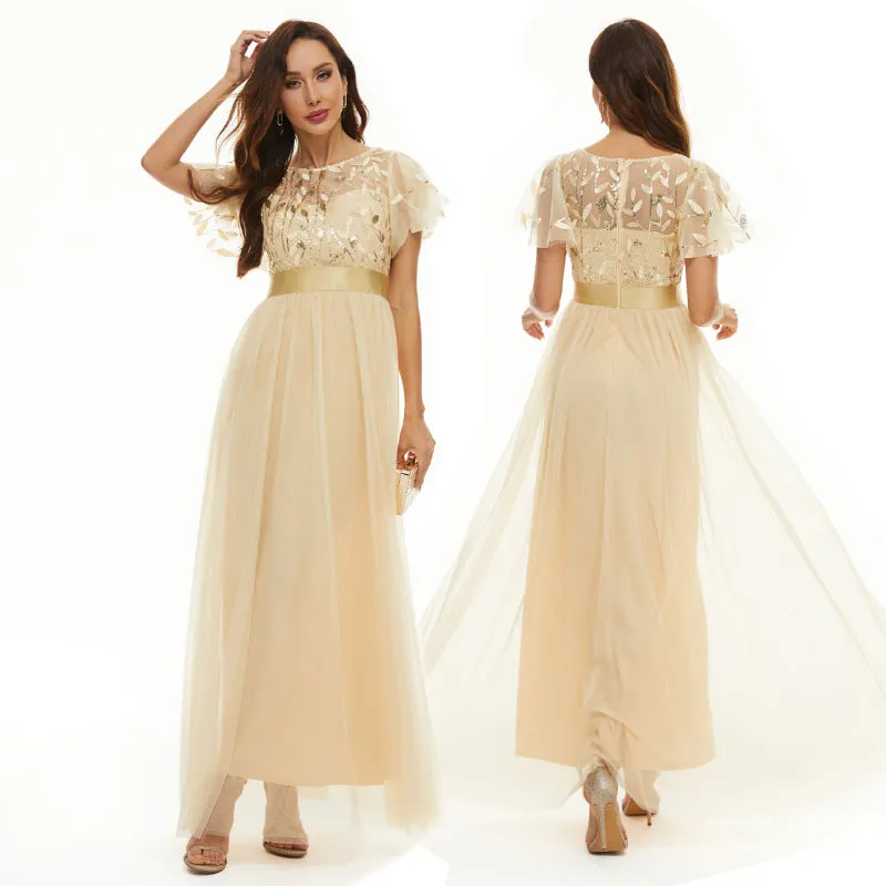 Sequin Party Dress Embroidered Short Sleeve Round Neck Evening Dress