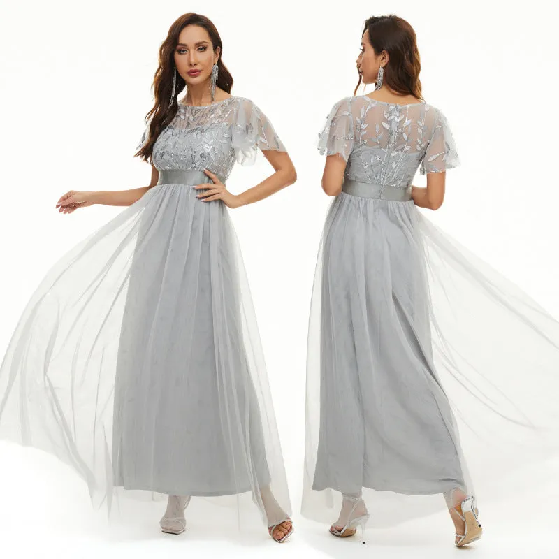 Sequin Party Dress Embroidered Short Sleeve Round Neck Evening Dress