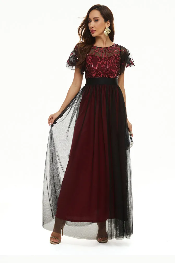 Sequin Party Dress Embroidered Short Sleeve Round Neck Evening Dress