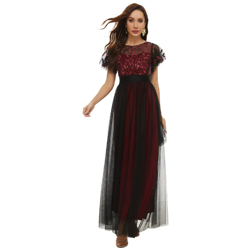 Sequin Party Dress Embroidered Short Sleeve Round Neck Evening Dress