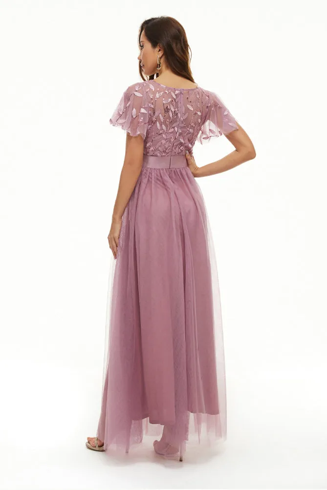 Sequin Party Dress Embroidered Short Sleeve Round Neck Evening Dress