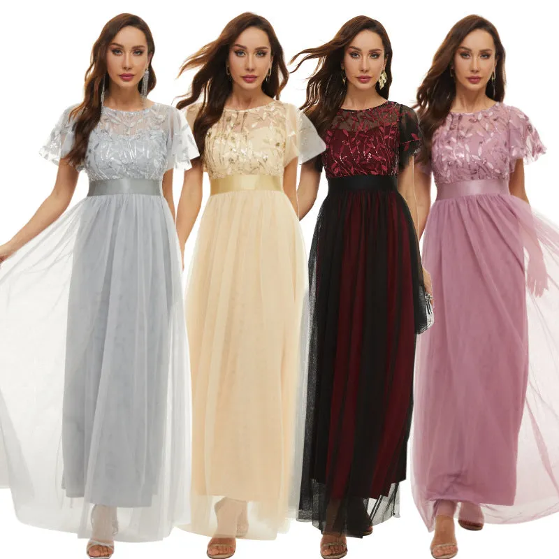 Sequin Party Dress Embroidered Short Sleeve Round Neck Evening Dress