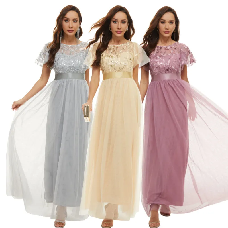 Sequin Party Dress Embroidered Short Sleeve Round Neck Evening Dress