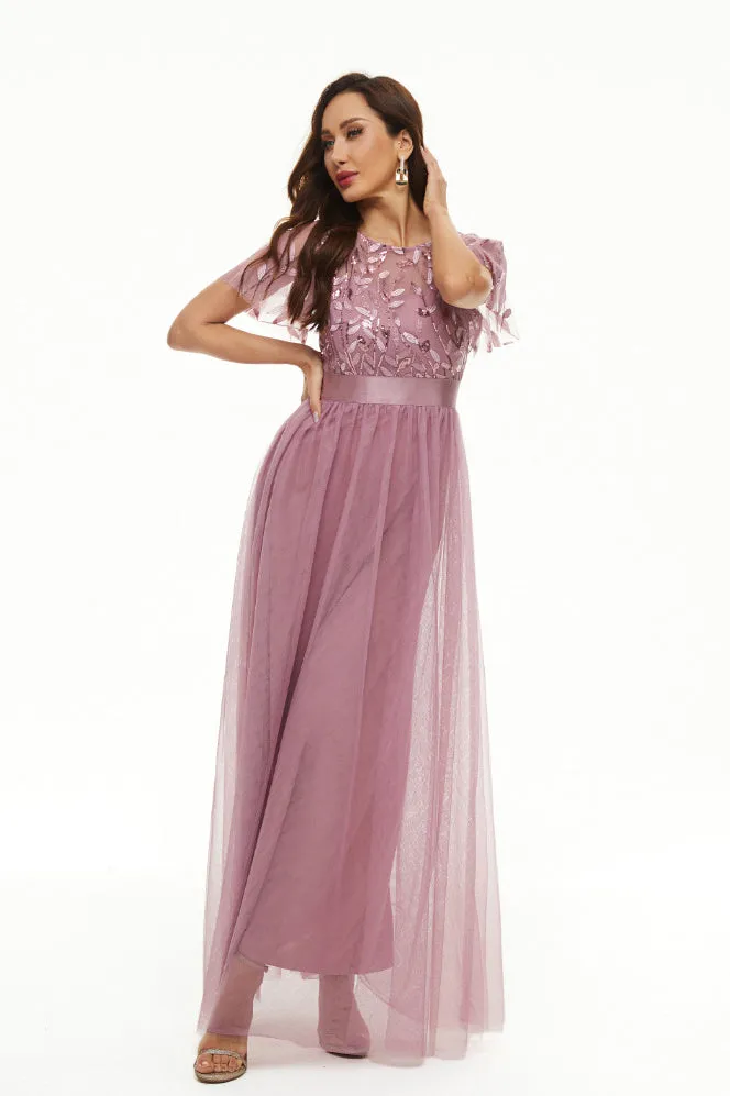 Sequin Party Dress Embroidered Short Sleeve Round Neck Evening Dress