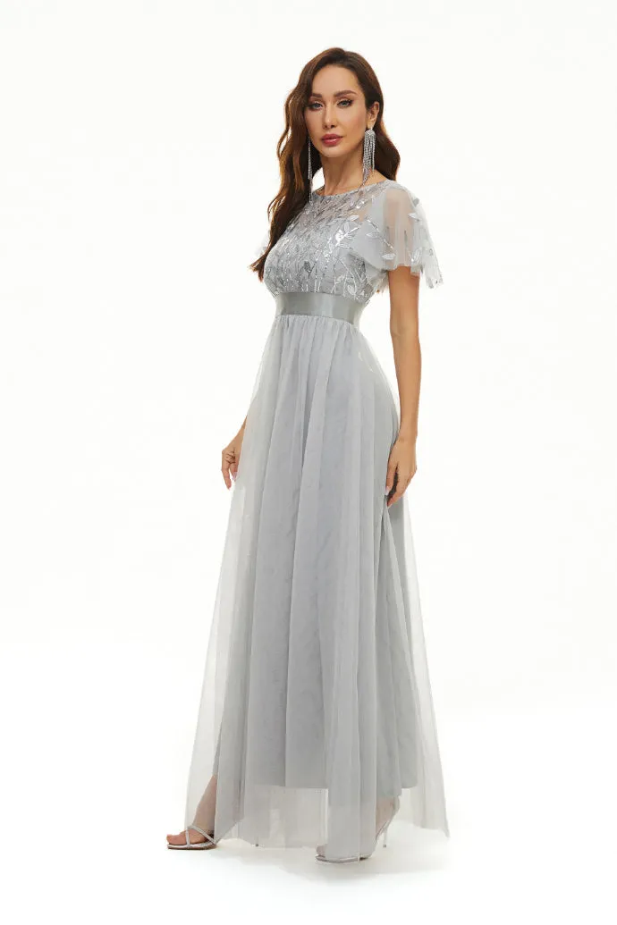 Sequin Party Dress Embroidered Short Sleeve Round Neck Evening Dress