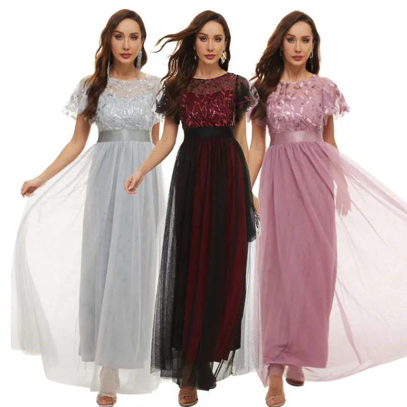 Sequin Party Dress Embroidered Short Sleeve Round Neck Evening Dress