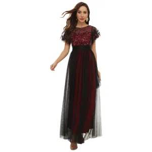 Sequin Party Dress Embroidered Short Sleeve Round Neck Evening Dress