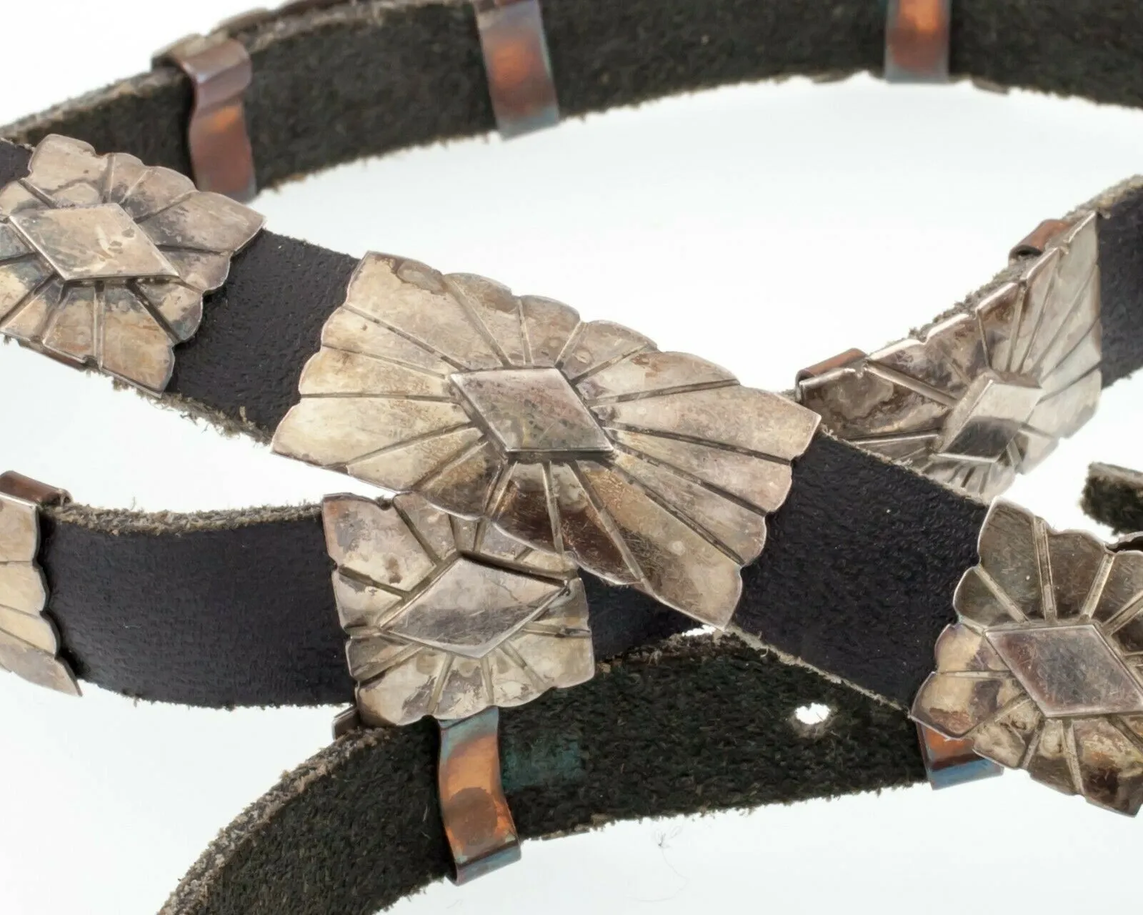 Silver Concho Belt w/ 21 Silver Sunburst Elements Nice Patina! Signed DM