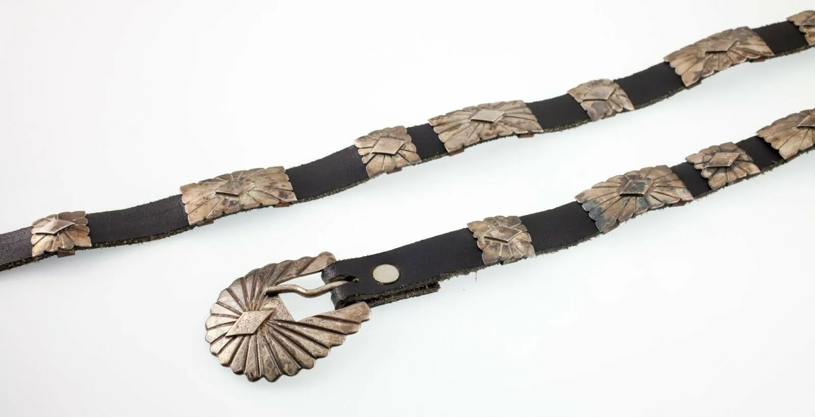 Silver Concho Belt w/ 21 Silver Sunburst Elements Nice Patina! Signed DM