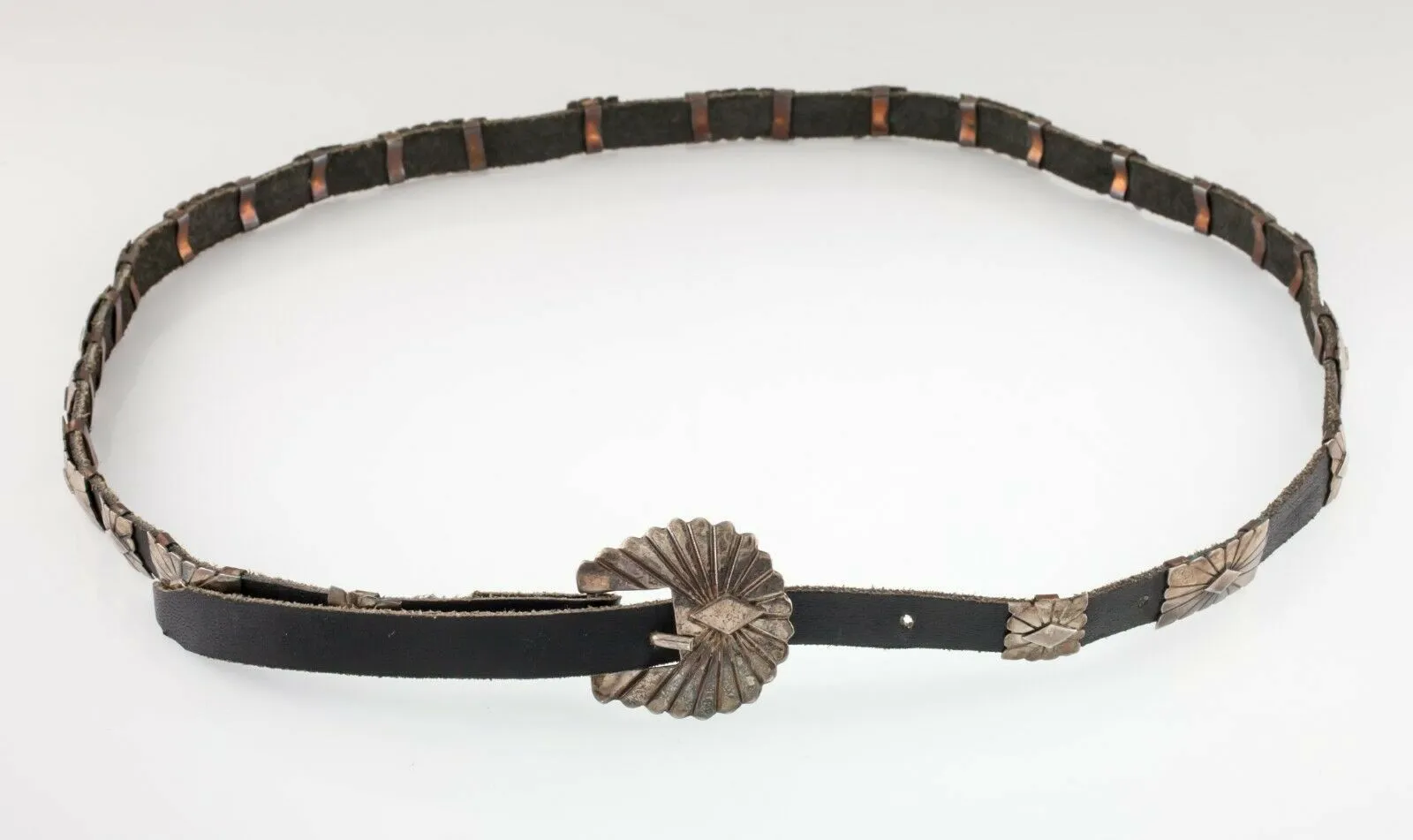 Silver Concho Belt w/ 21 Silver Sunburst Elements Nice Patina! Signed DM