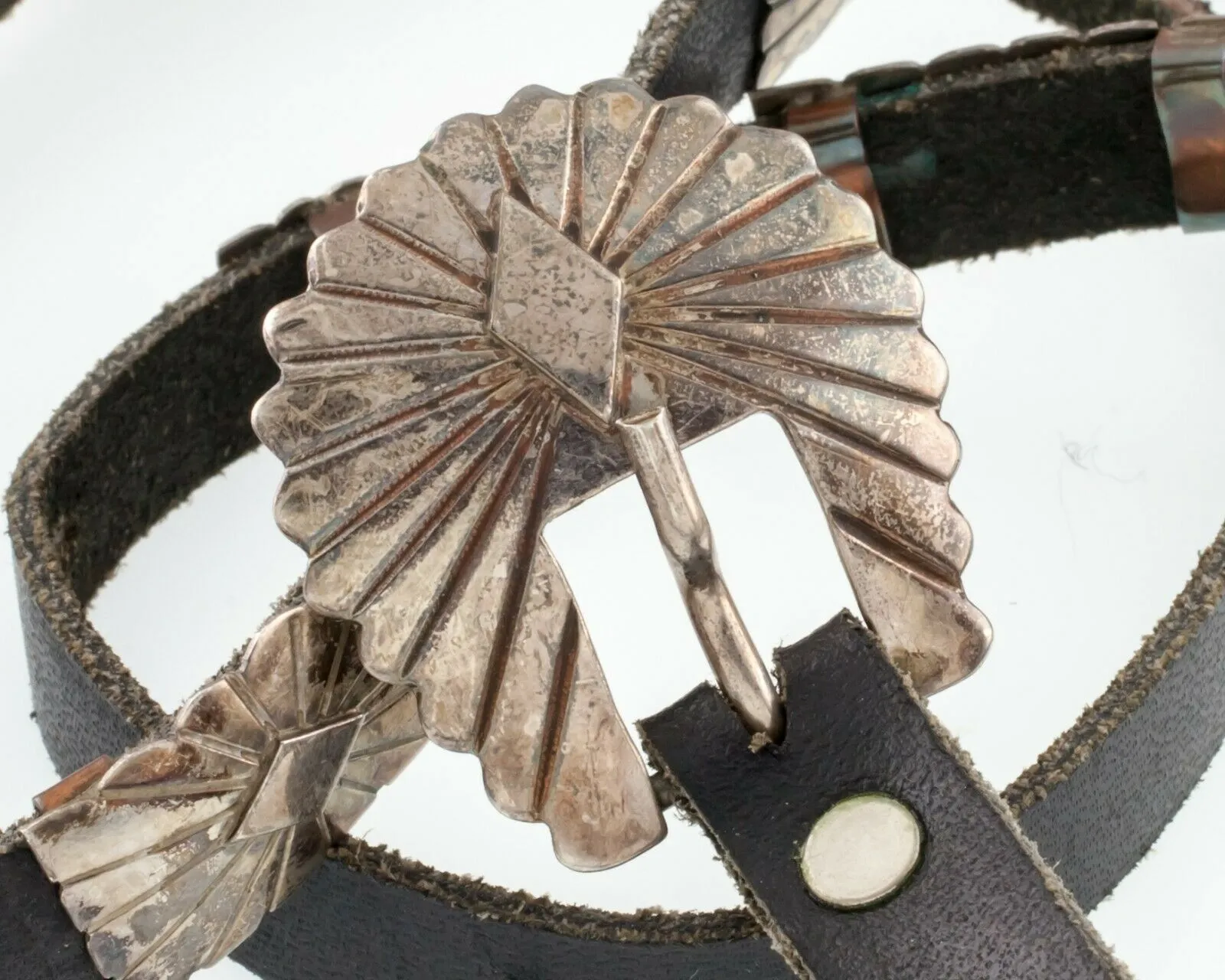 Silver Concho Belt w/ 21 Silver Sunburst Elements Nice Patina! Signed DM