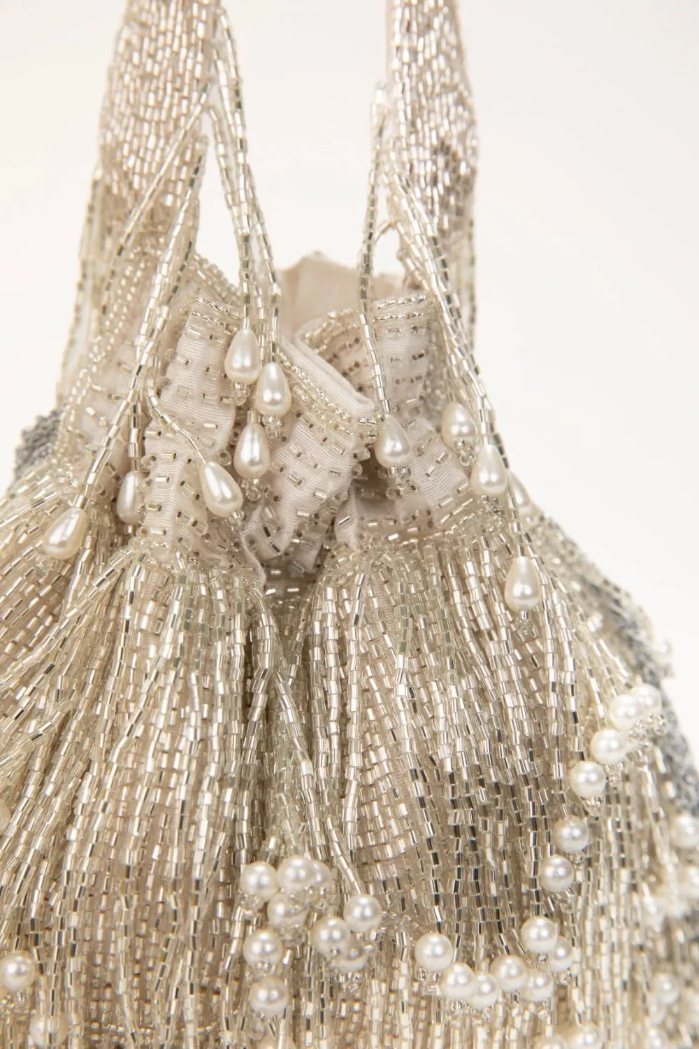 Silver Pearl Tassel Hand Embroidered Velvet Potli Bag