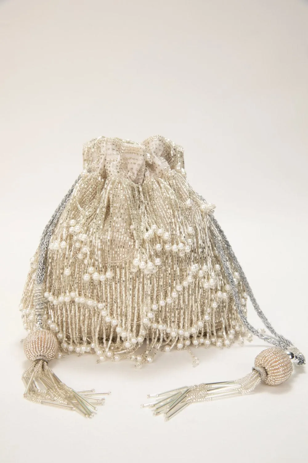 Silver Pearl Tassel Hand Embroidered Velvet Potli Bag