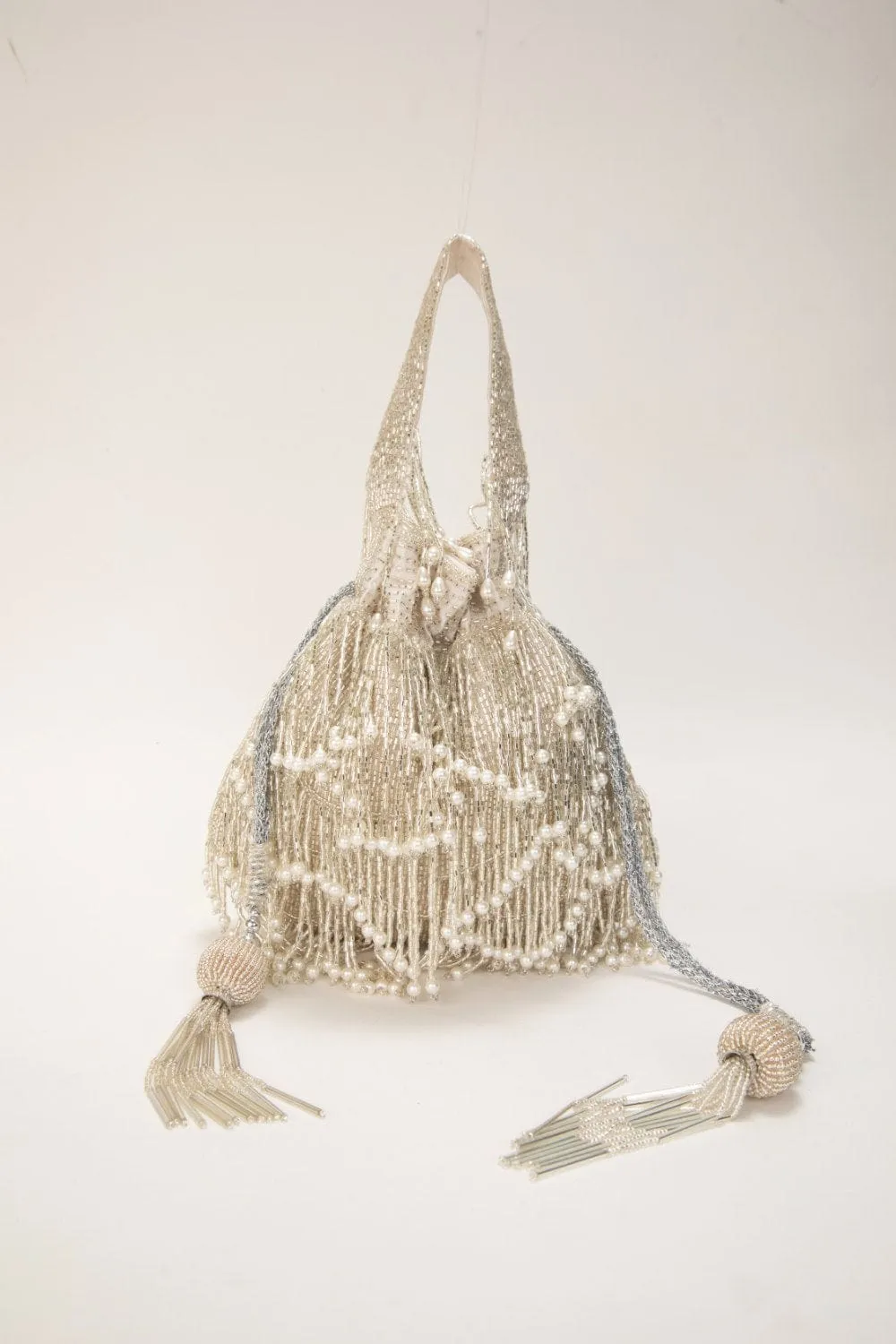 Silver Pearl Tassel Hand Embroidered Velvet Potli Bag