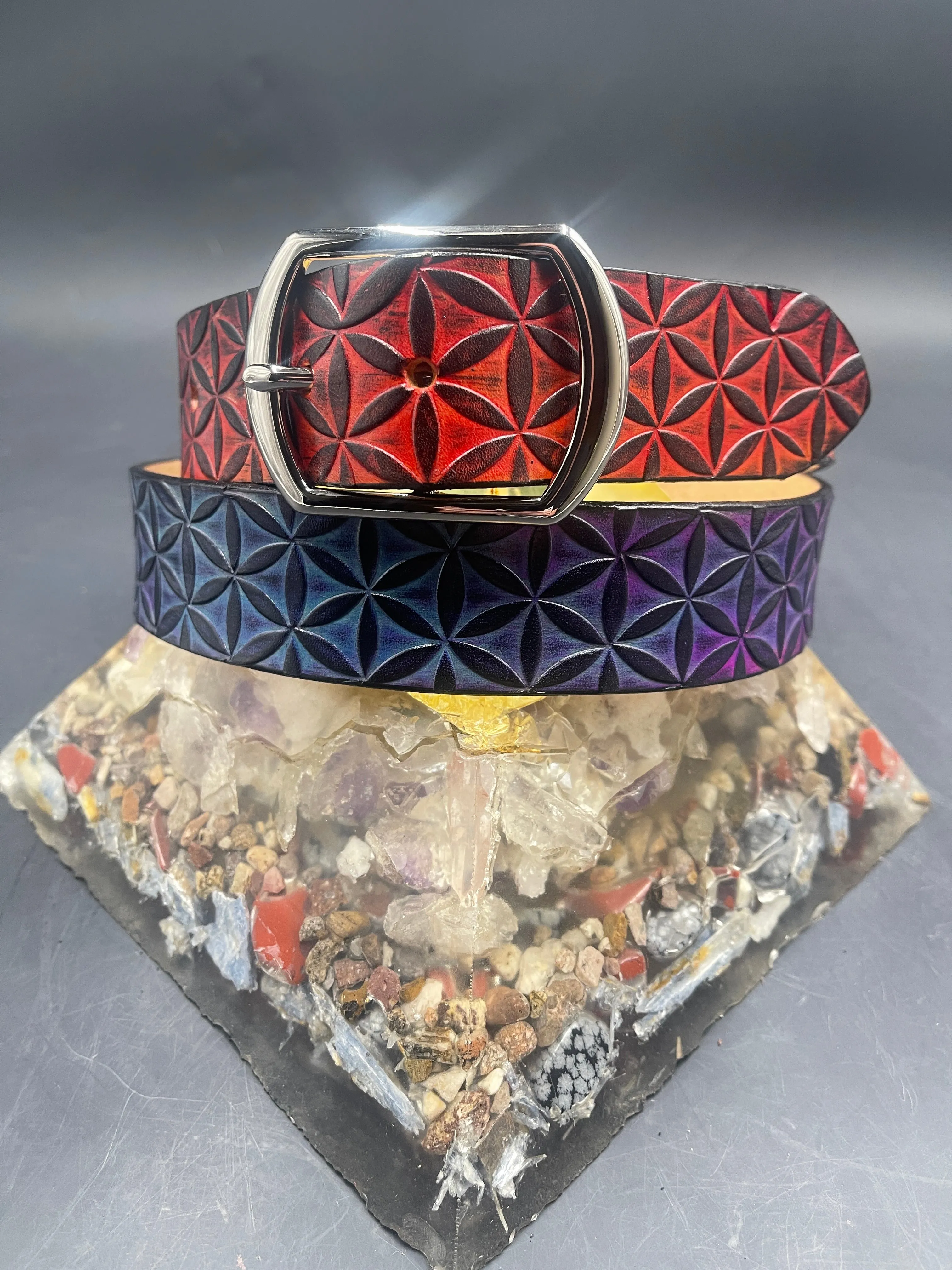 Stamped Leather Belt - Flower of Life Large