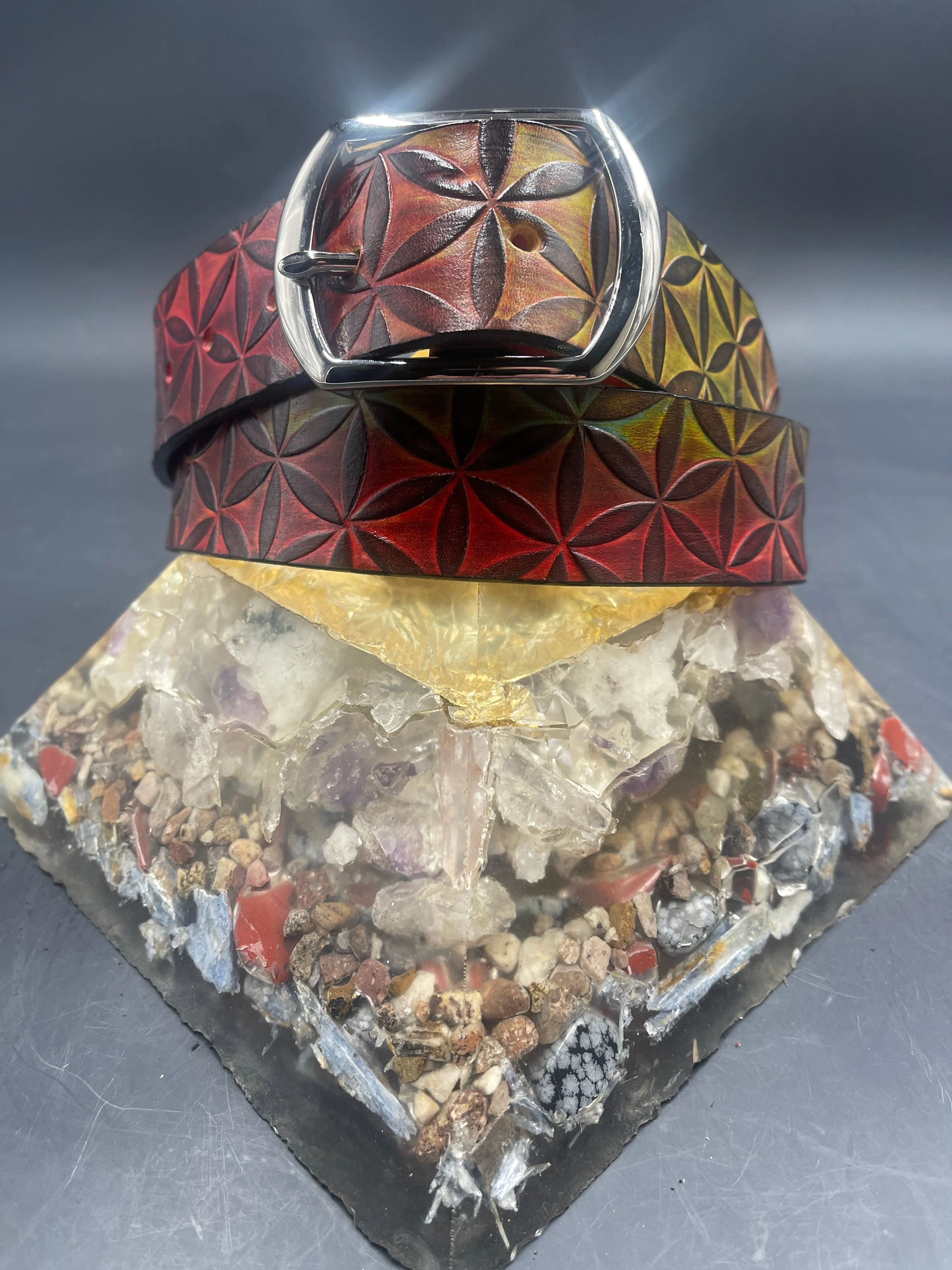 Stamped Leather Belt - Flower of Life Large