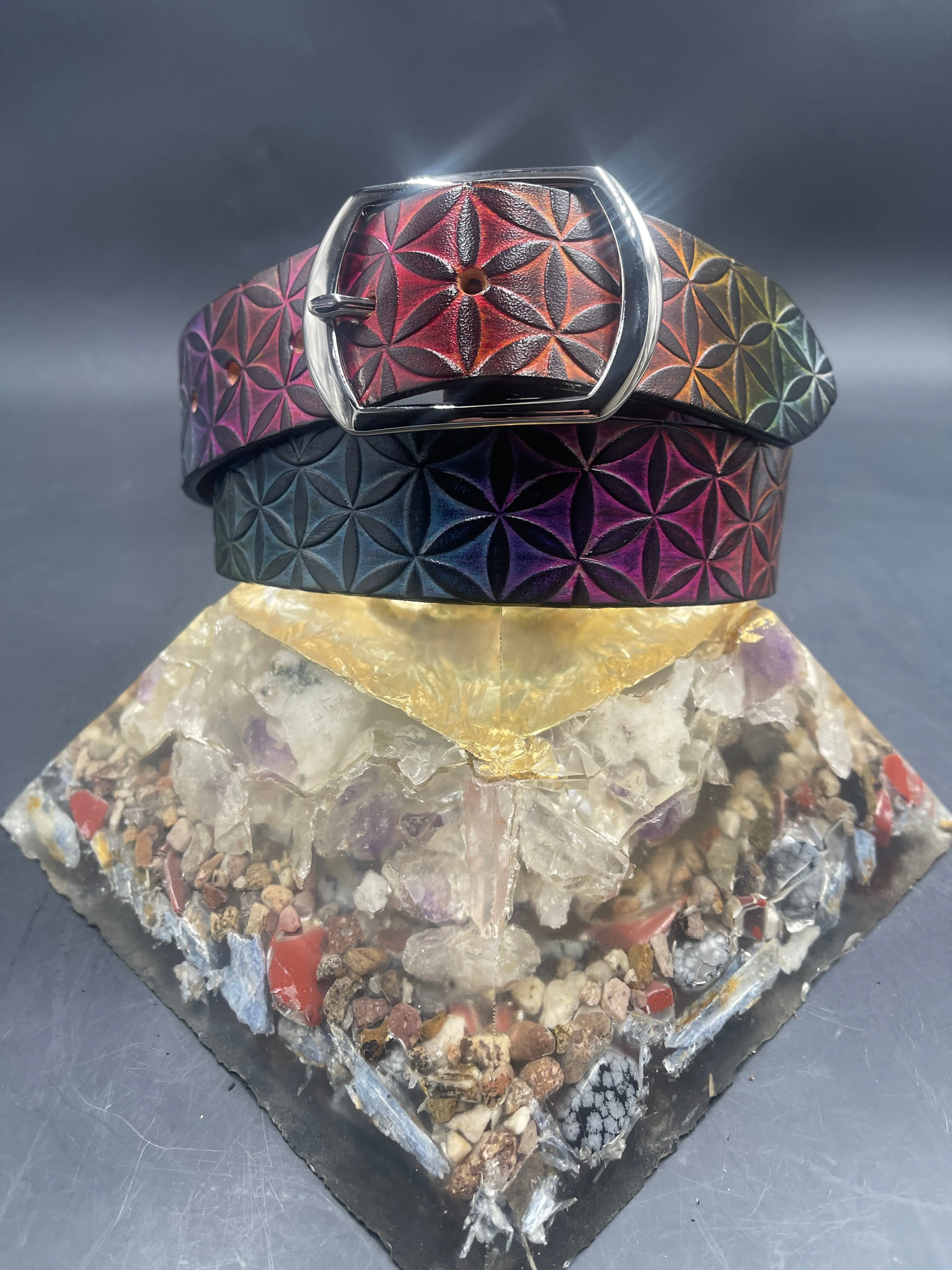 Stamped Leather Belt - Flower of Life Large