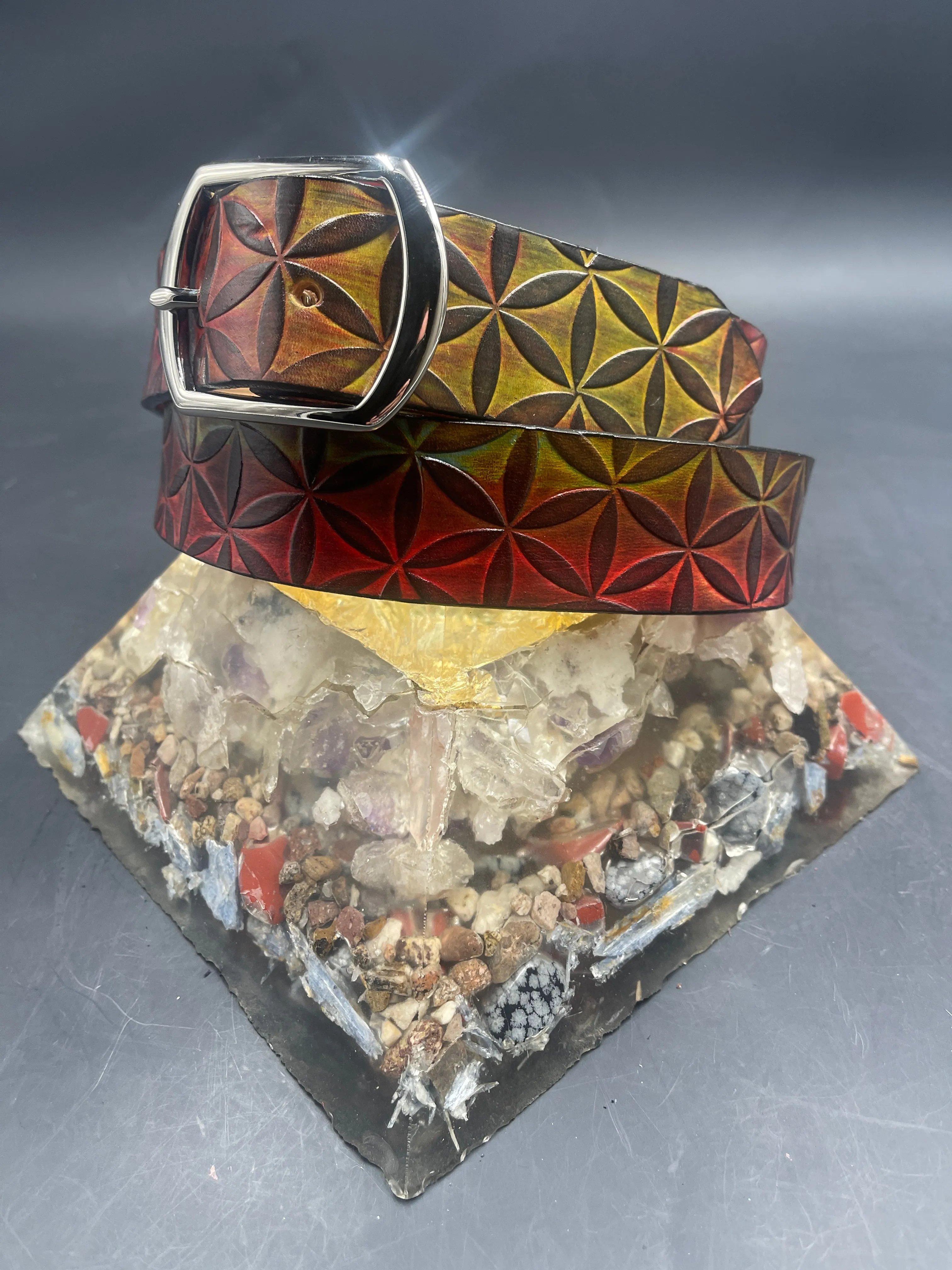 Stamped Leather Belt - Flower of Life Large