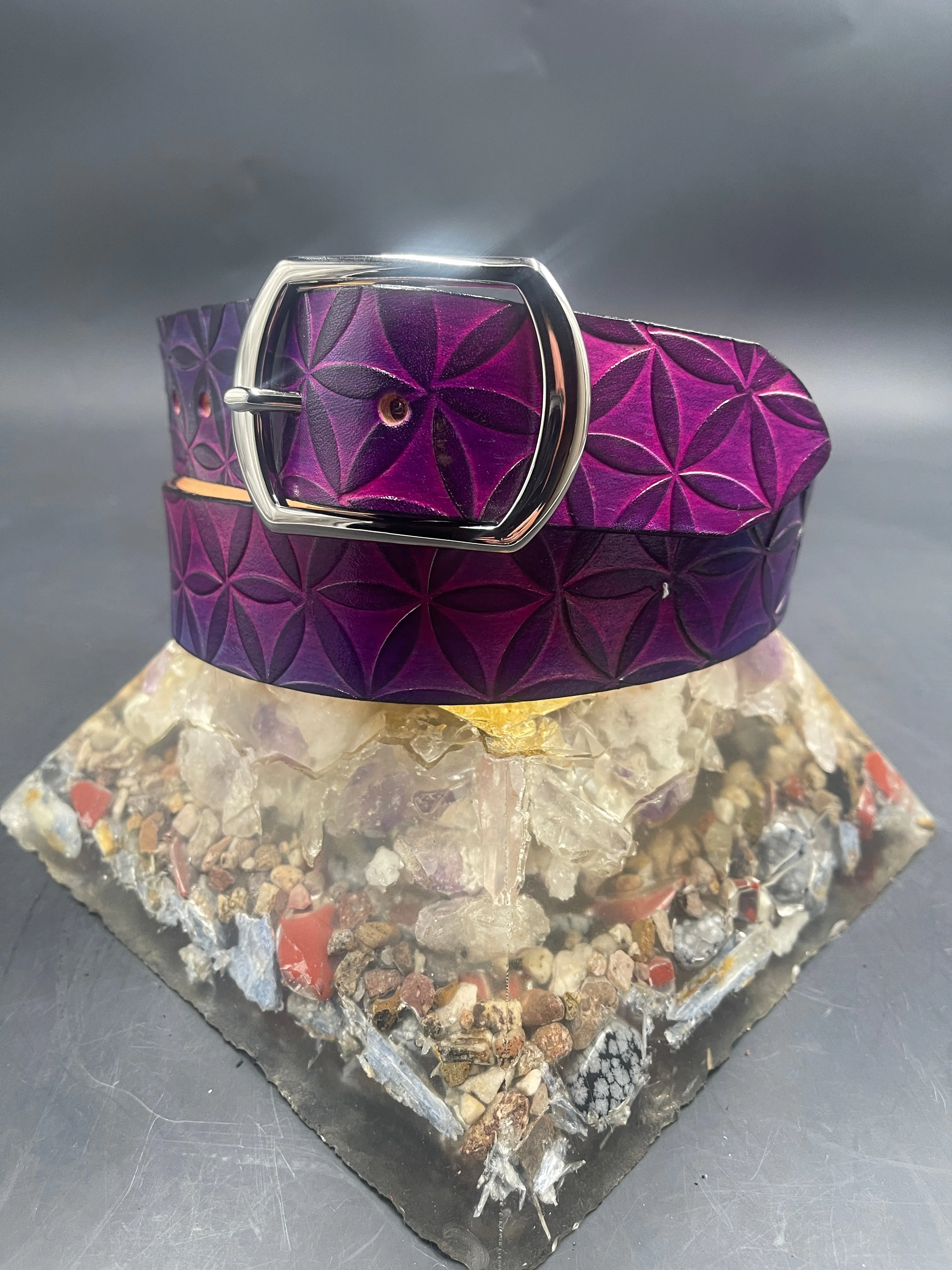 Stamped Leather Belt - Flower of Life Large