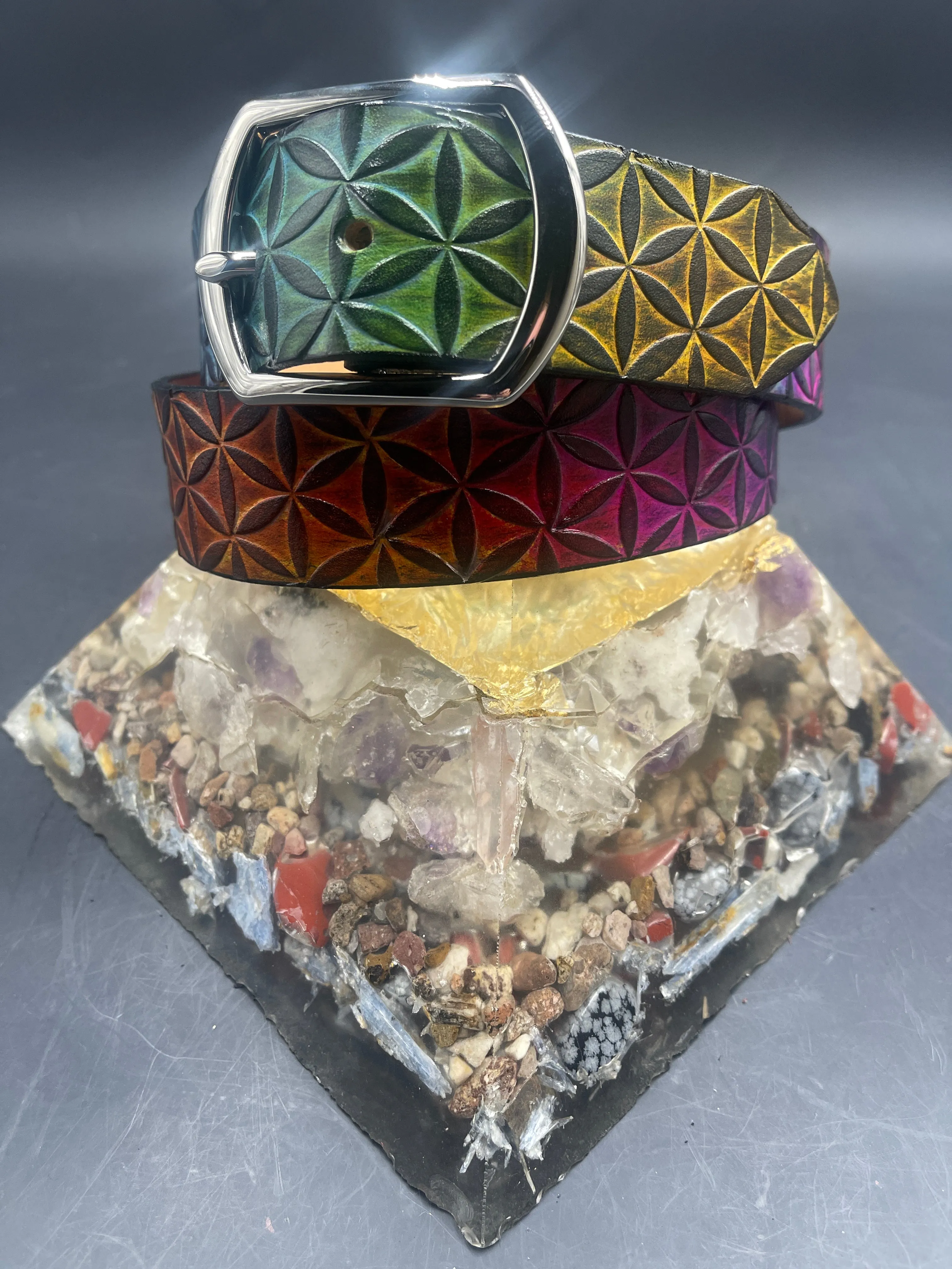 Stamped Leather Belt - Flower of Life Large