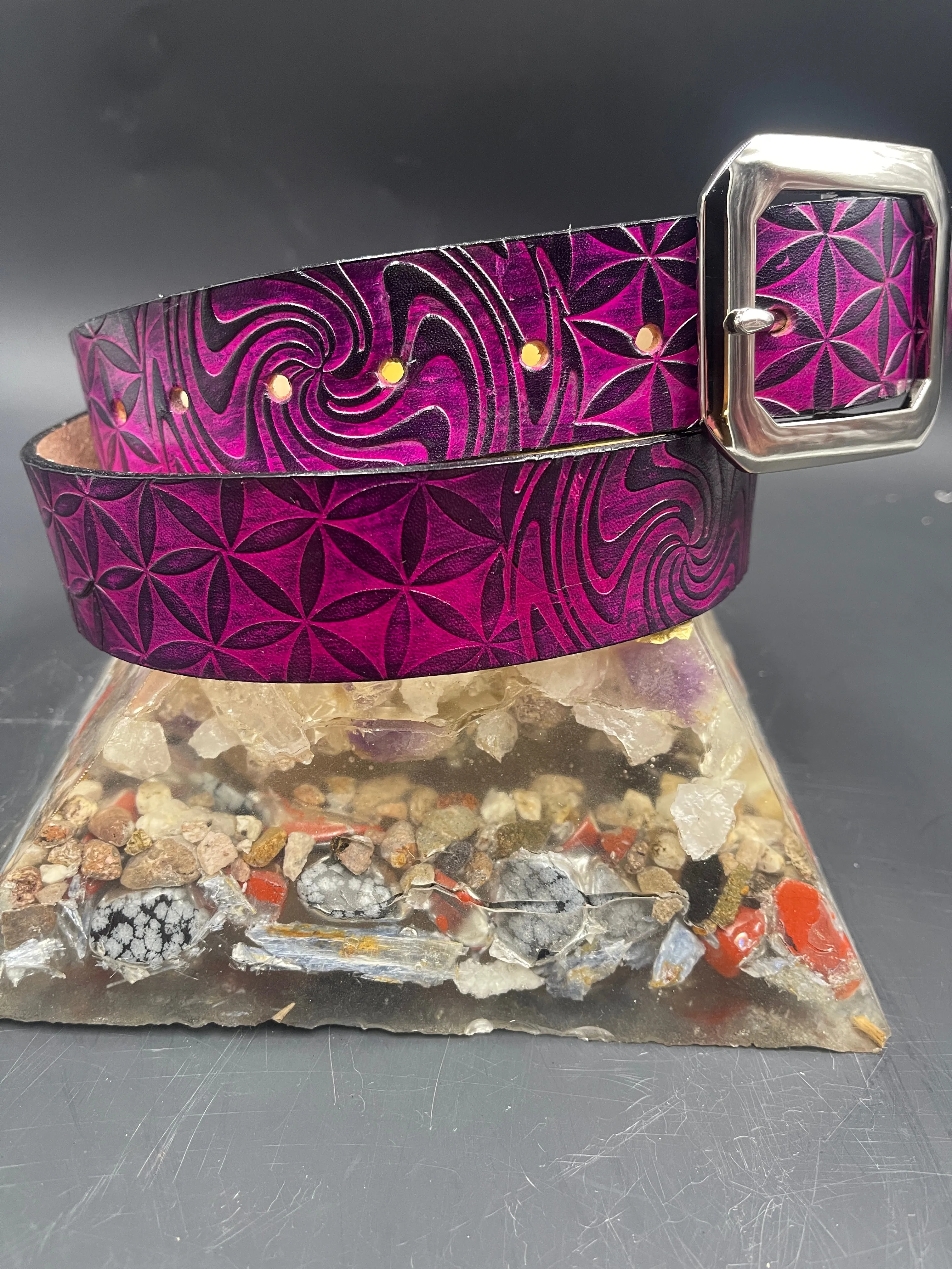 Stamped Leather Belt - Flower of Life Large