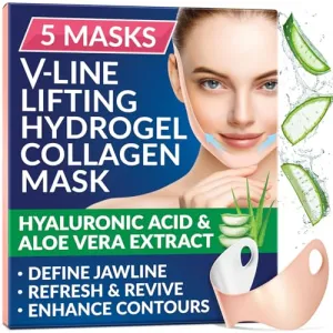 Stylia Double Chin Mask - V Line Chin Strap - Toning Hydrogel Collagen Face Mask with Hyaluronic Acid & Aloe Vera - 5PC