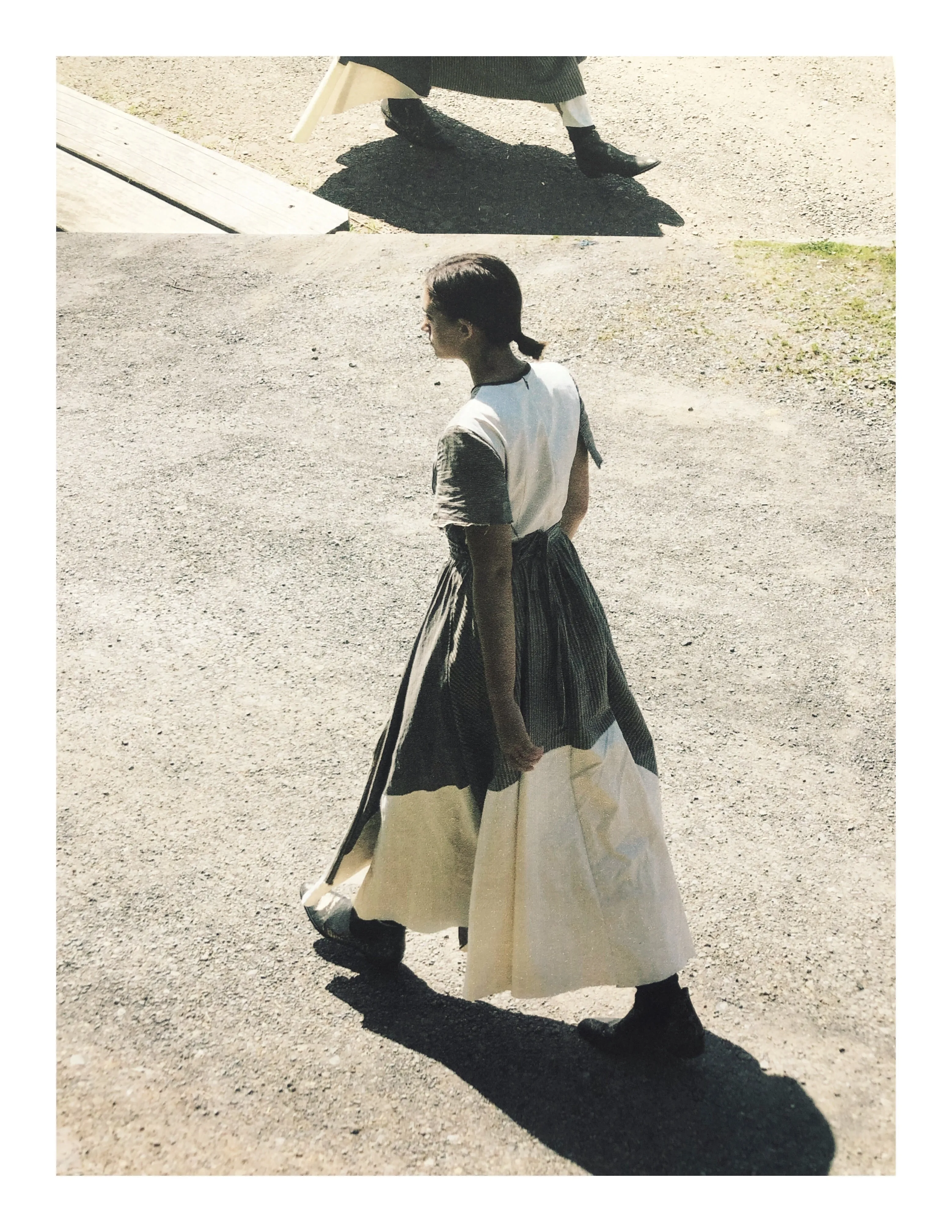 sun bleached ticking and bargello sleeve dress