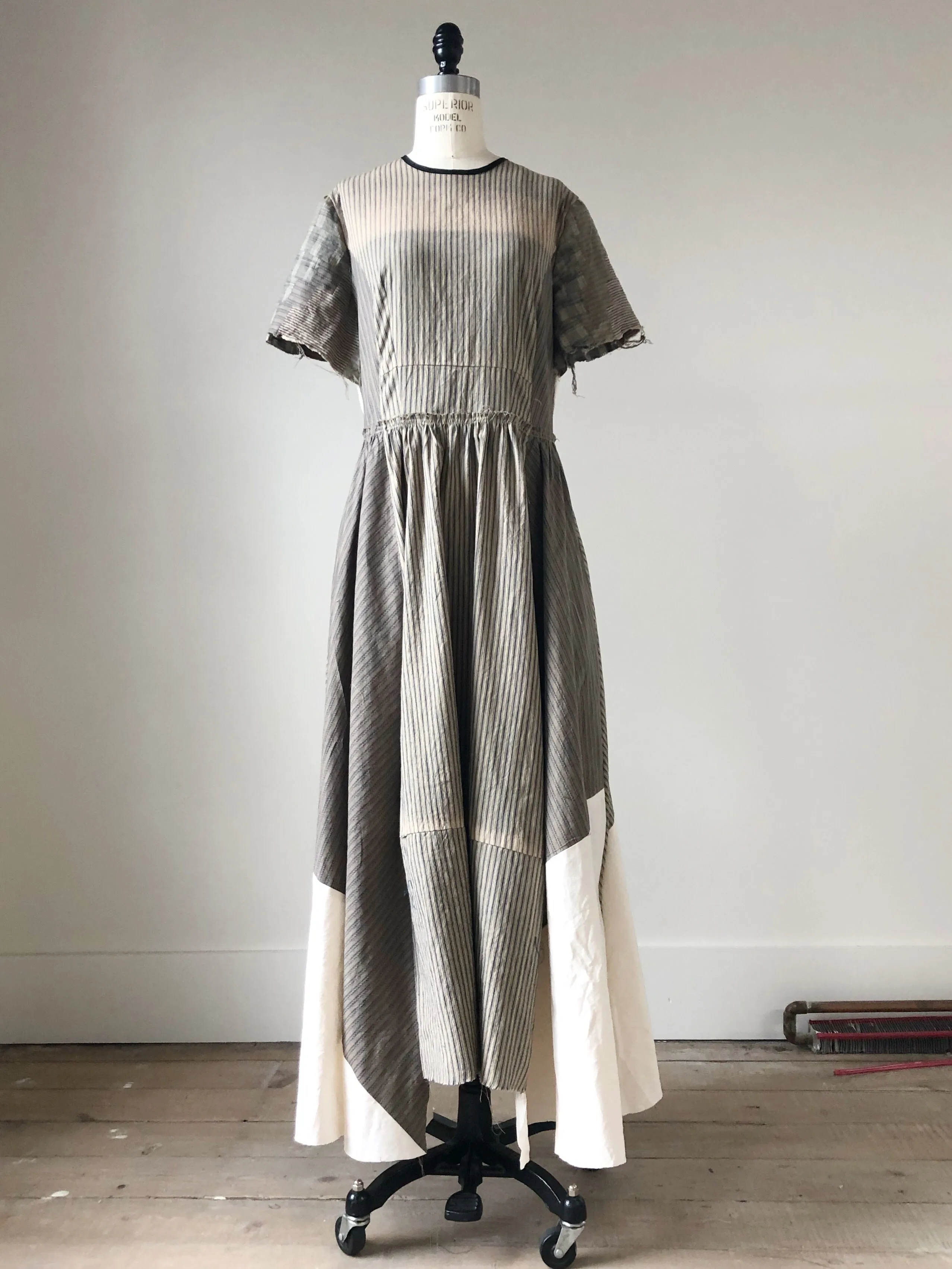 sun bleached ticking and bargello sleeve dress