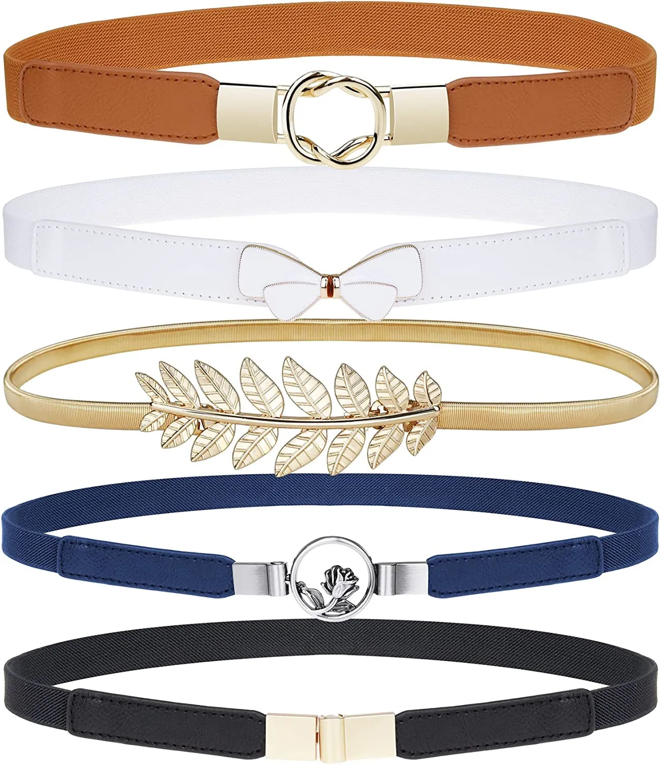 Thin Belt for Women 5 Pack Fashion Dress Belts Women's Stretch Waist Belts