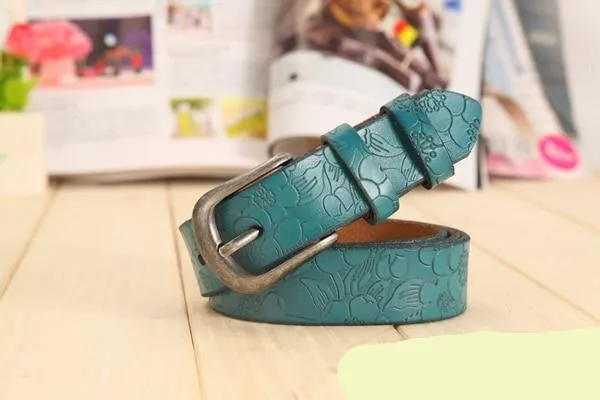 Thin Genuine Leather  6 Color Floral carved Belts For Women