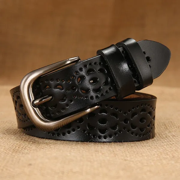 Thin Genuine Leather  6 Color Floral carved Belts For Women