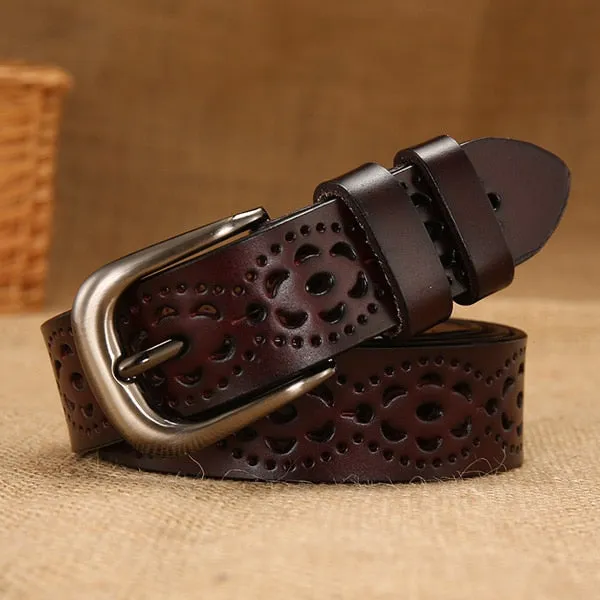 Thin Genuine Leather  6 Color Floral carved Belts For Women