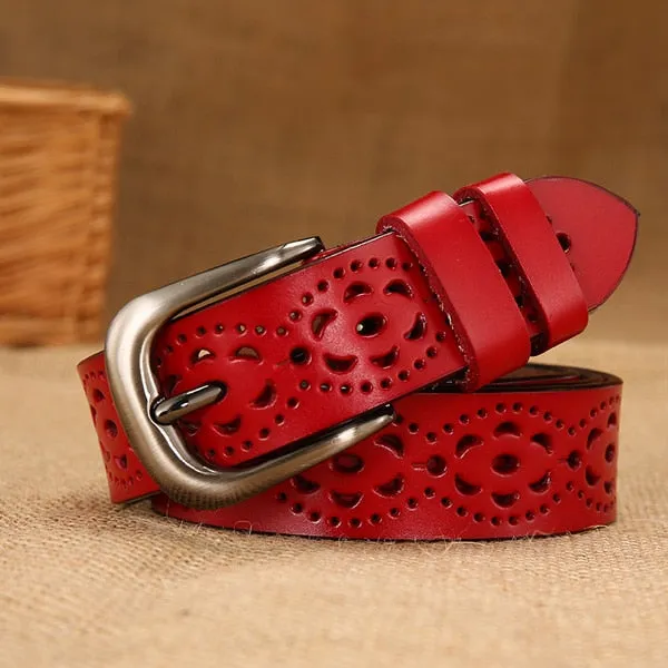 Thin Genuine Leather  6 Color Floral carved Belts For Women