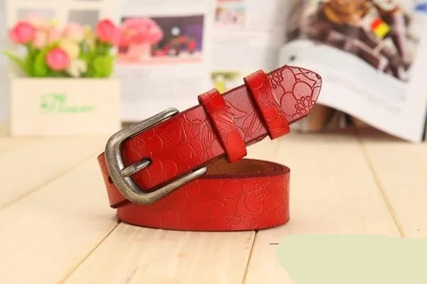 Thin Genuine Leather  6 Color Floral carved Belts For Women