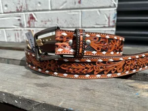 Toprail Equine Belt Womens White Buck Stitched and Tooled Leather