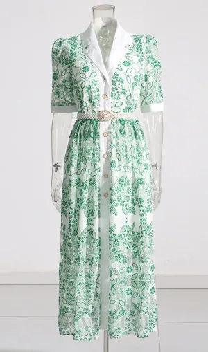 V NECK SPLICED BELTS EMBROIDERY MIDI DRESS IN GREEN