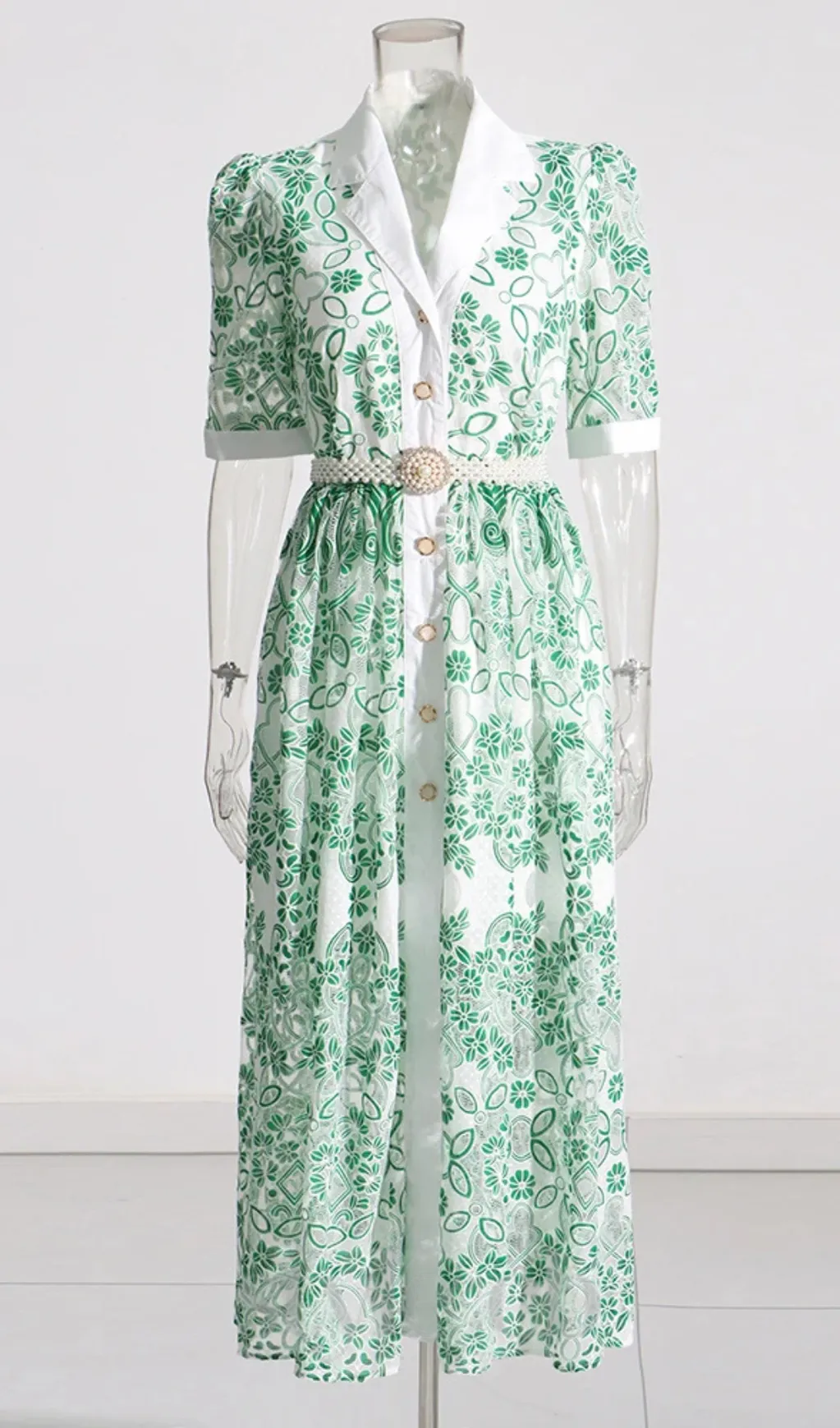 V NECK SPLICED BELTS EMBROIDERY MIDI DRESS IN GREEN