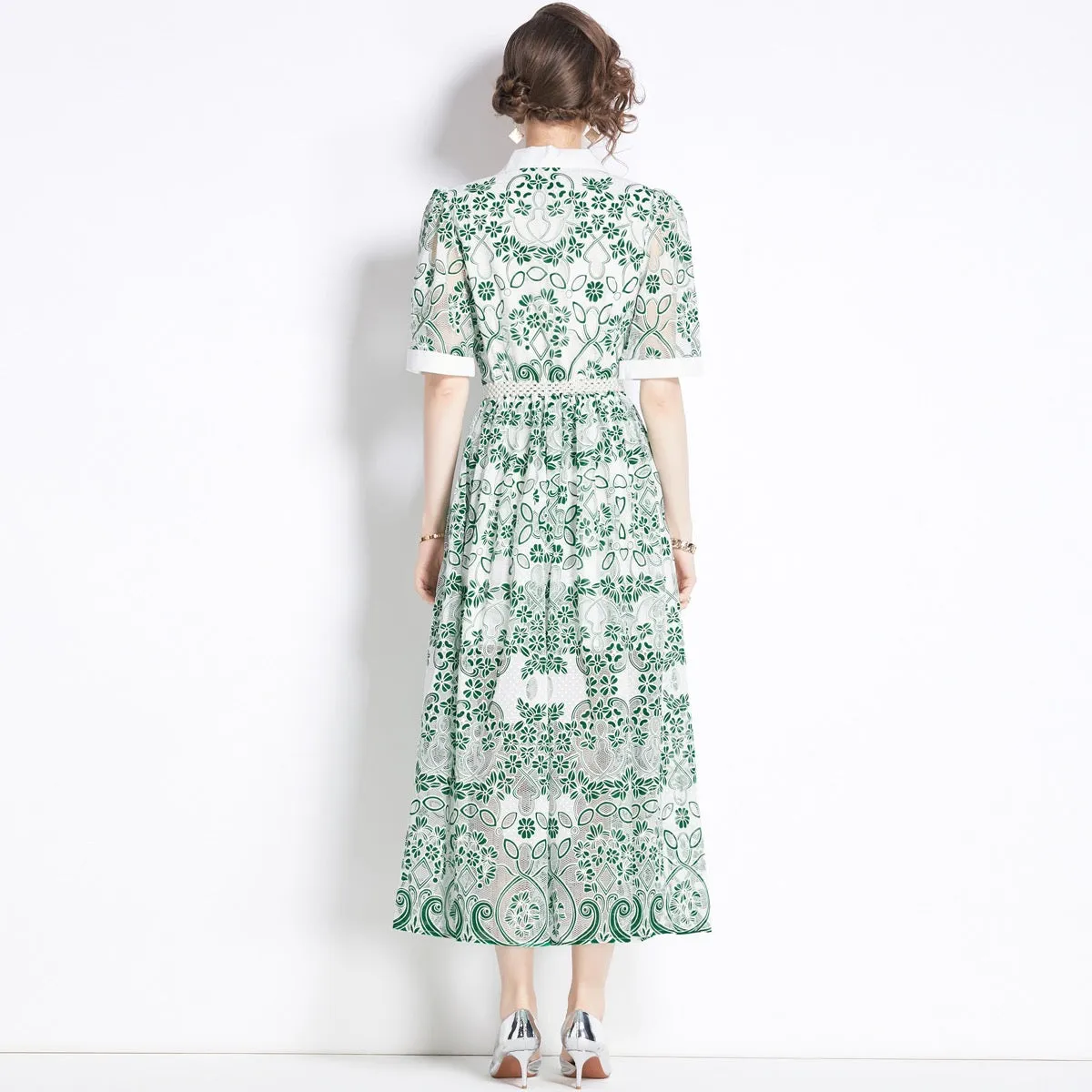 V NECK SPLICED BELTS EMBROIDERY MIDI DRESS IN GREEN