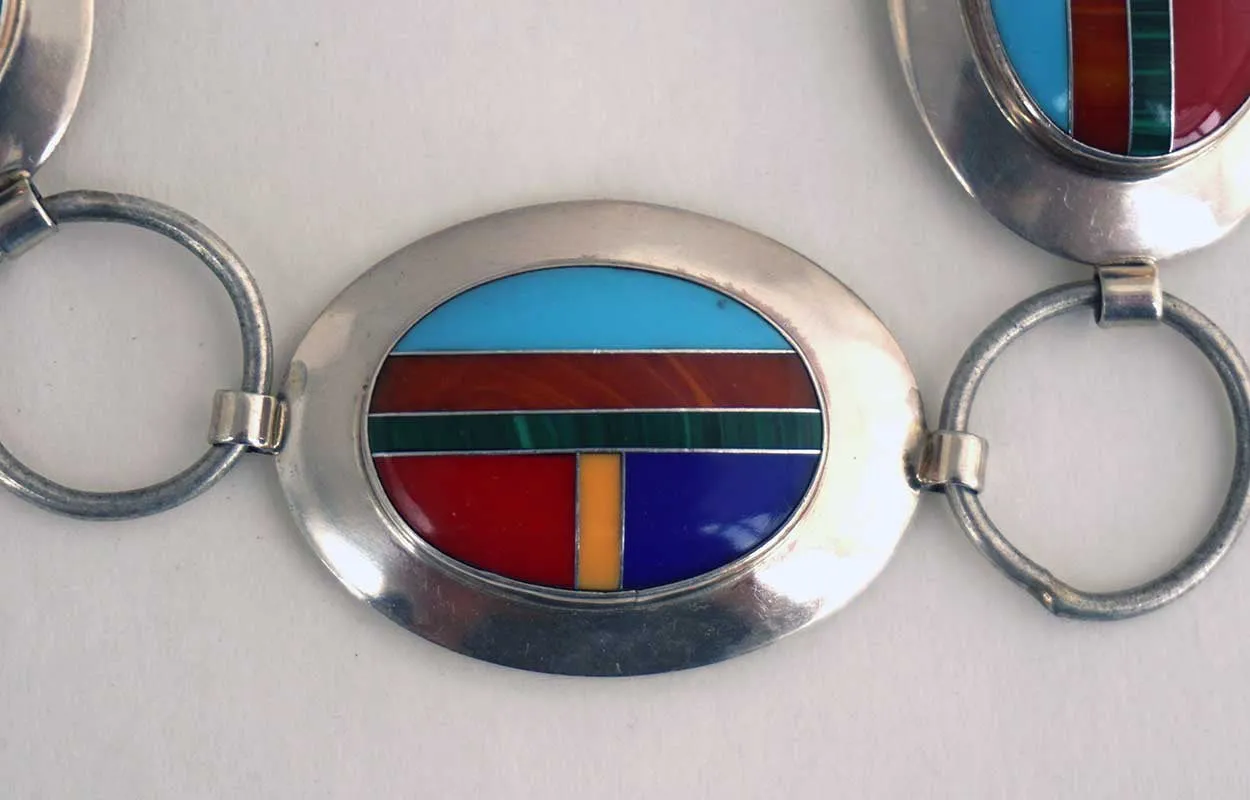 Vintage American Southwest Inlaid Multi-Stone Sterling Silver 17 Concho Style Belt