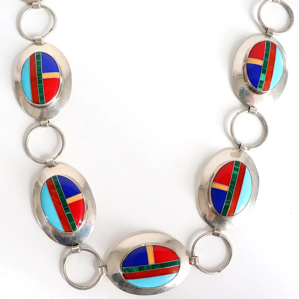 Vintage American Southwest Inlaid Multi-Stone Sterling Silver 17 Concho Style Belt