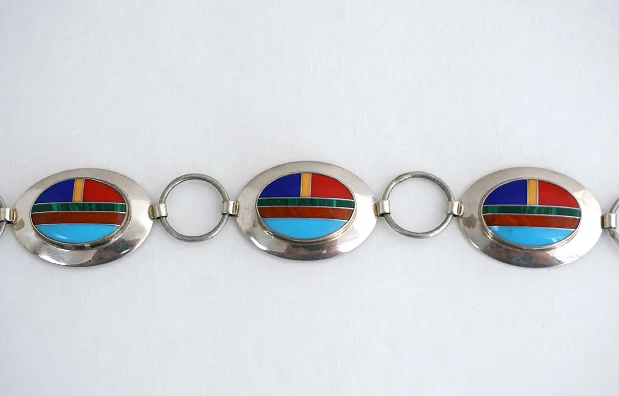 Vintage American Southwest Inlaid Multi-Stone Sterling Silver 17 Concho Style Belt