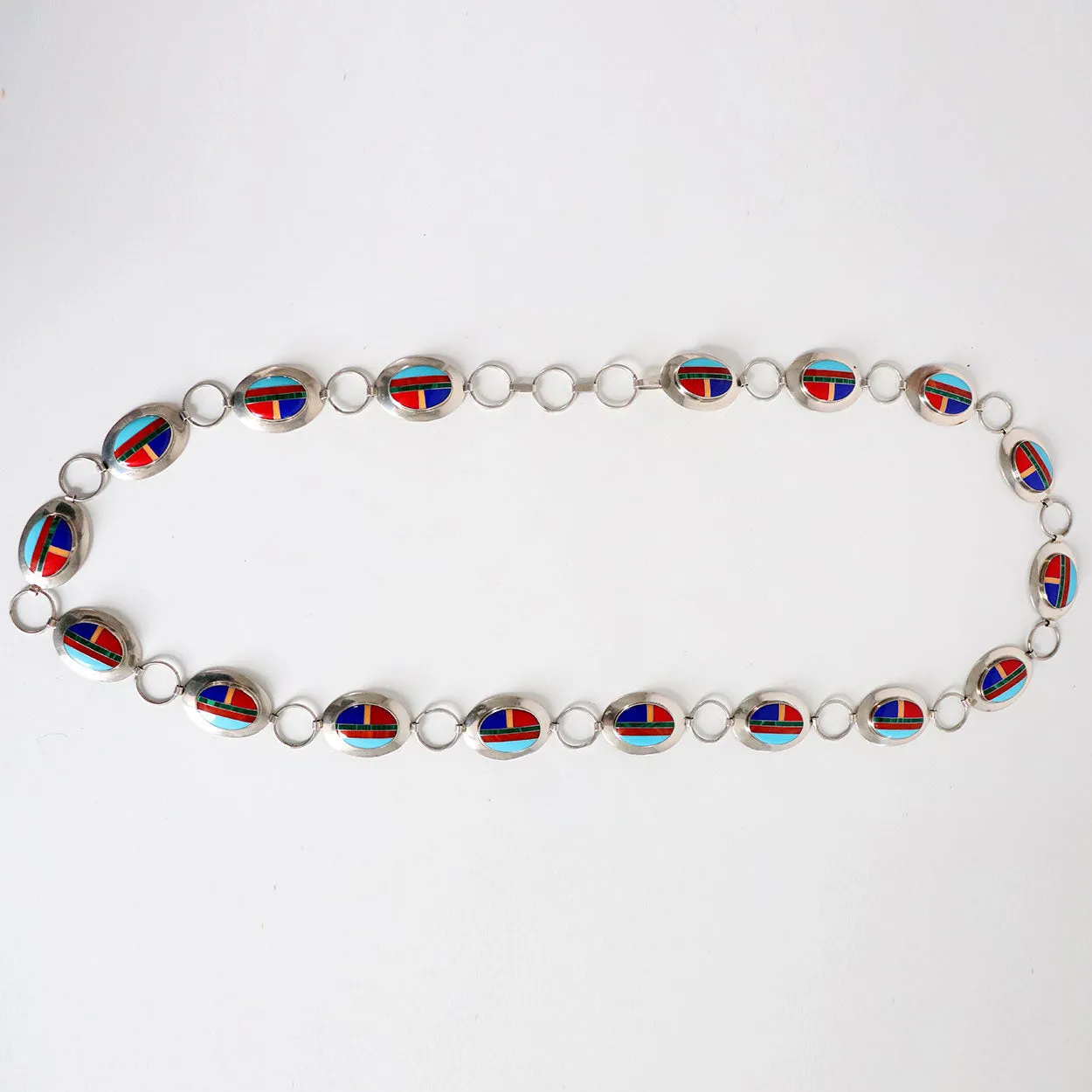 Vintage American Southwest Inlaid Multi-Stone Sterling Silver 17 Concho Style Belt