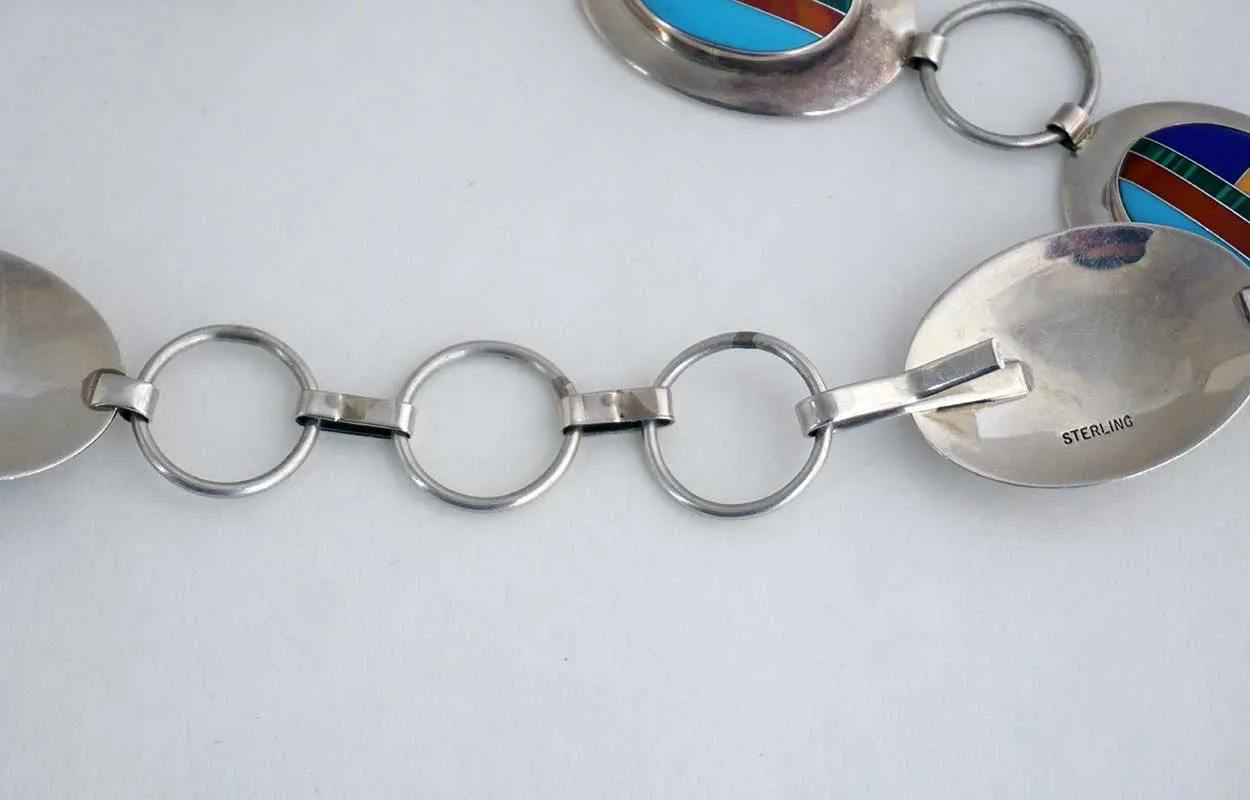 Vintage American Southwest Inlaid Multi-Stone Sterling Silver 17 Concho Style Belt