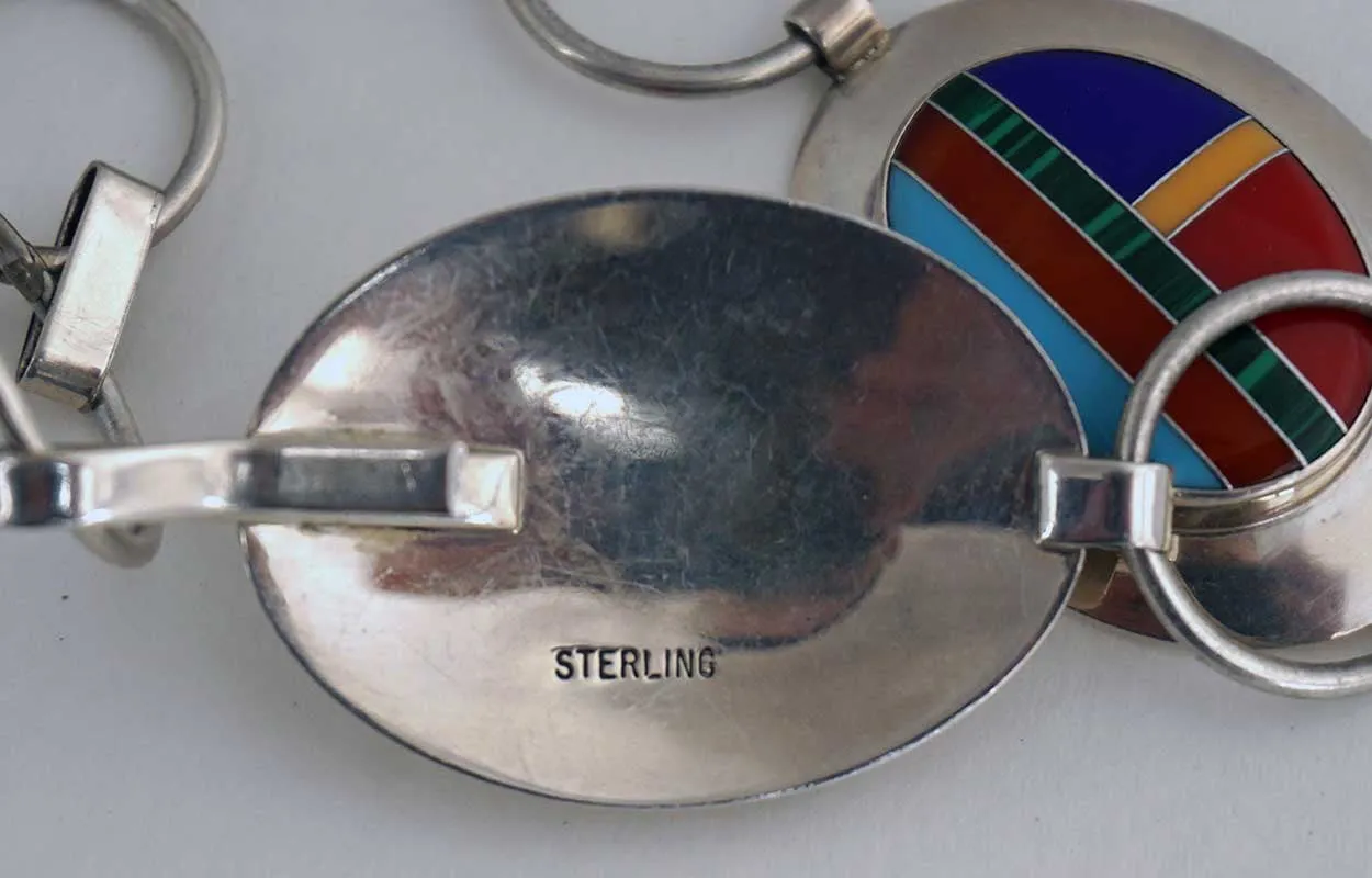 Vintage American Southwest Inlaid Multi-Stone Sterling Silver 17 Concho Style Belt