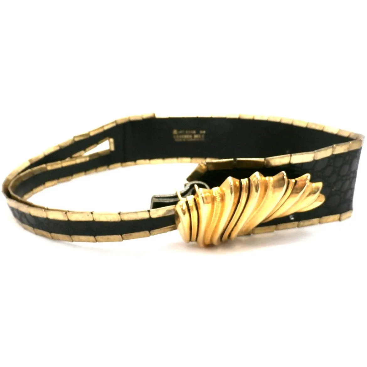 Vintage Black Leather Alligator Gold  Metal Belt Gold Bling Unique 25-36 1980s