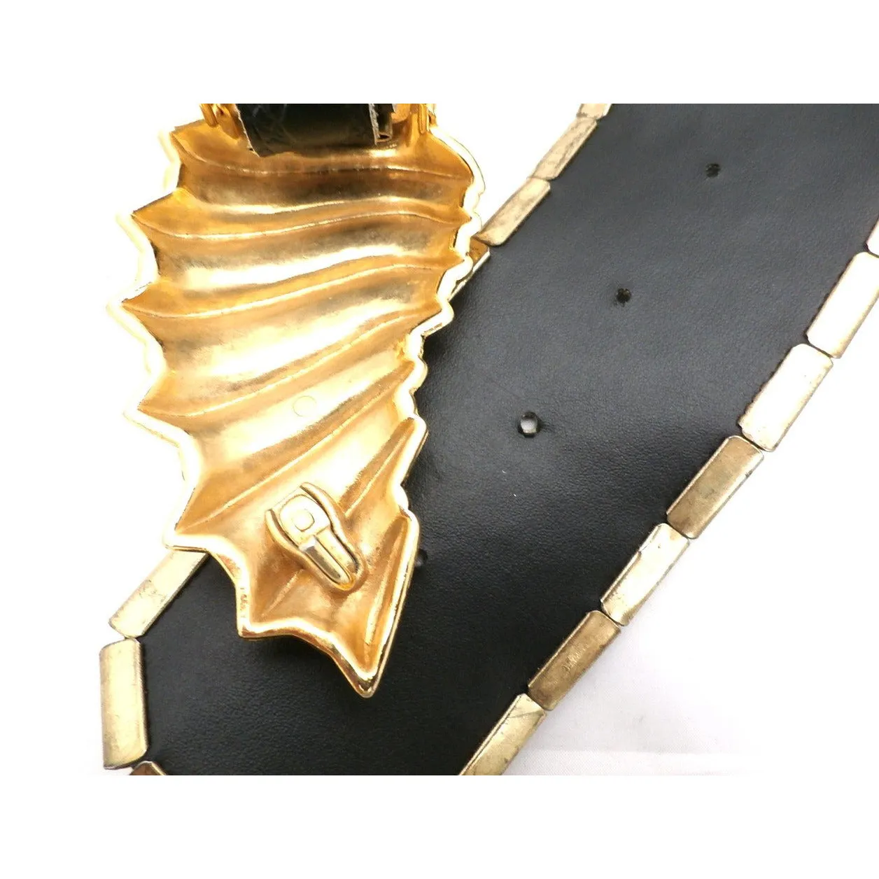 Vintage Black Leather Alligator Gold  Metal Belt Gold Bling Unique 25-36 1980s
