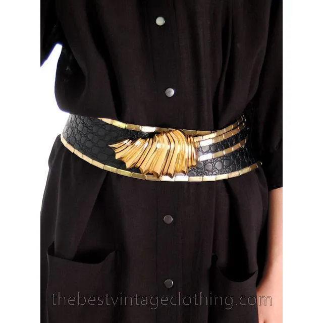 Vintage Black Leather Alligator Gold  Metal Belt Gold Bling Unique 25-36 1980s