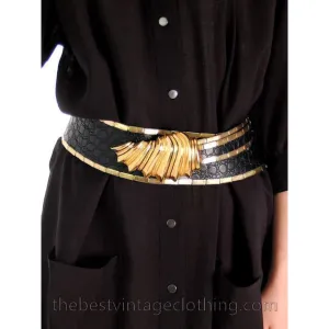 Vintage Black Leather Alligator Gold  Metal Belt Gold Bling Unique 25-36 1980s